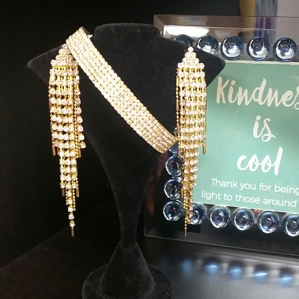 Gold rhinetone bracelet and earring set